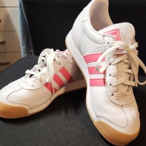 Adidas Women's White and Pink Striped Sneakers